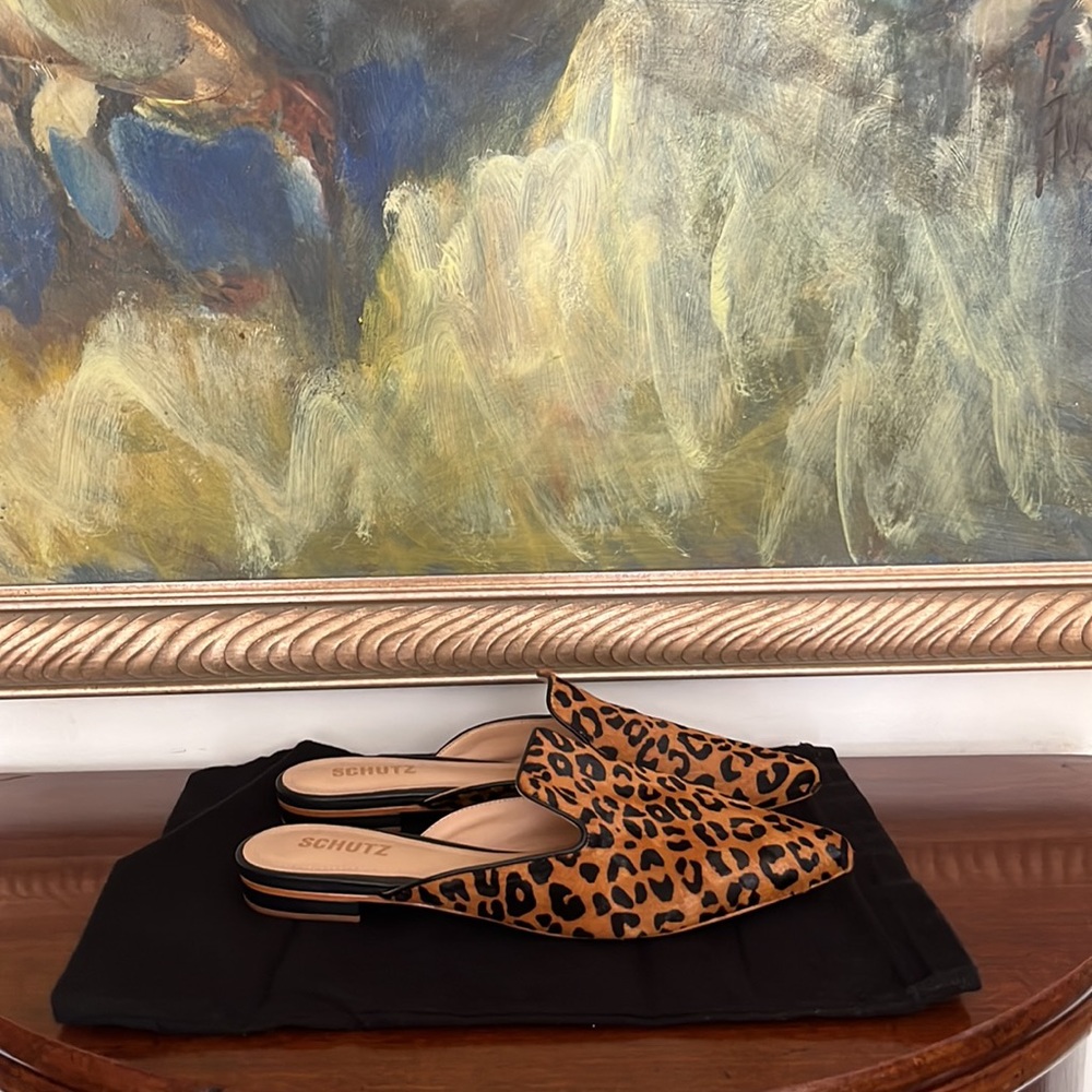 Schutz calf hair leopard print mules